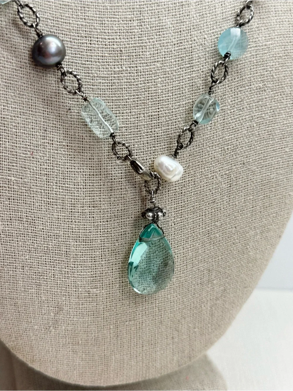 Sterling silver, glass, quartz, genuine pearl front clasp necklace